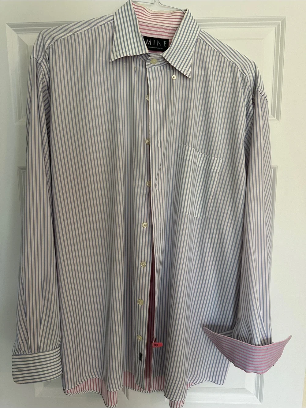 mine Men's White Dress Shirt with Blue Pinstripes and Pink Accents